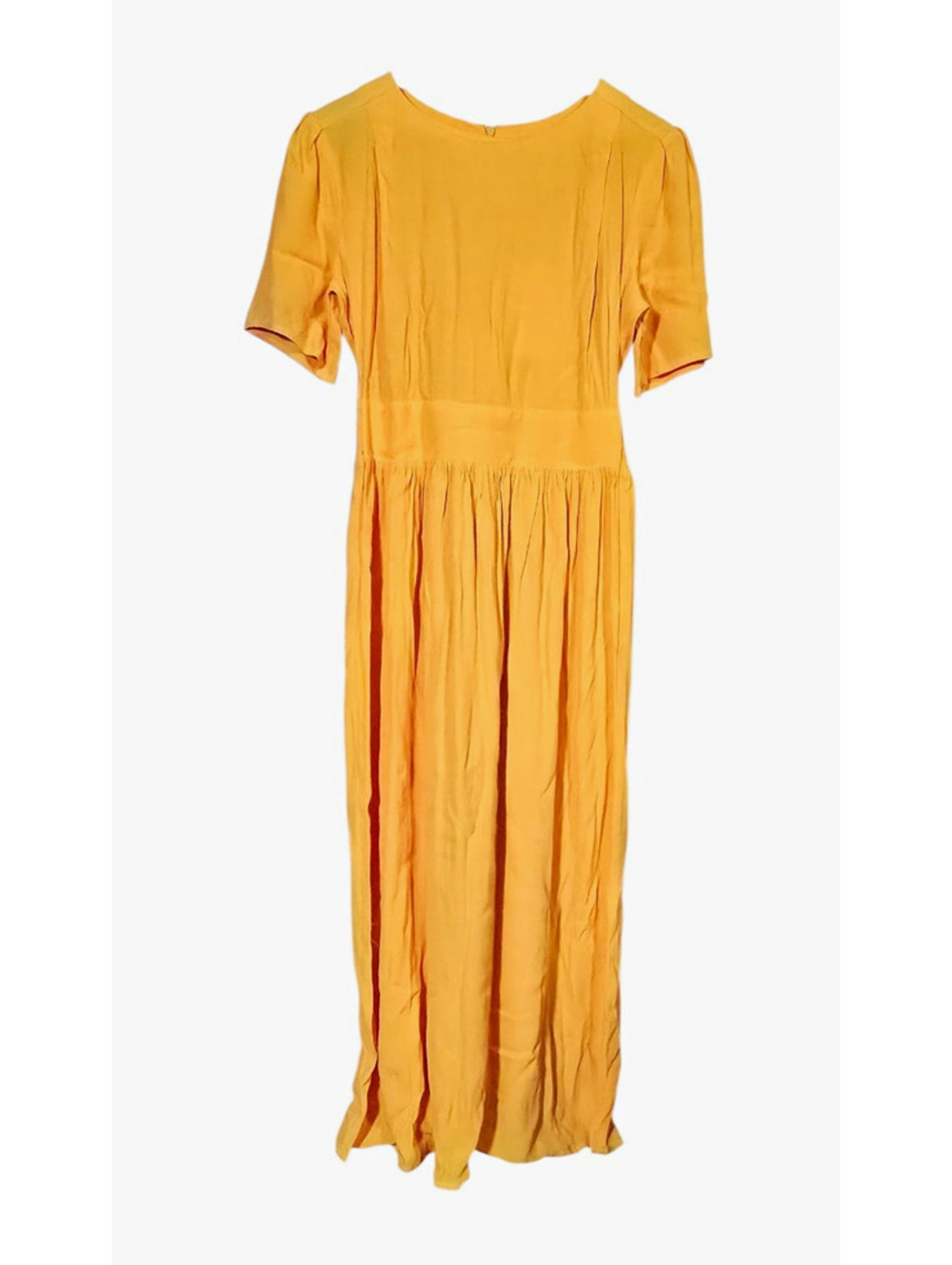 ICHI Yellow Solid Viscose Maxi Sample Dress Short Sleeve Round Neck Button EU 36